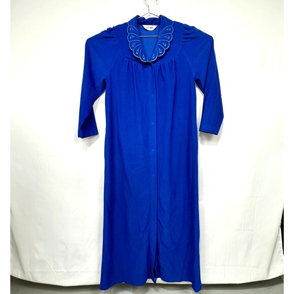 70's Shadowline House Robe Women’s M Blue/Teal Embroidered Snap Gown - Picture 1 of 6